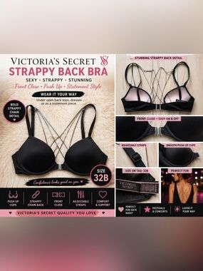 Victoria’s Secret Black Push Up Bra Strappy Back Chain Detail Front Close 32B